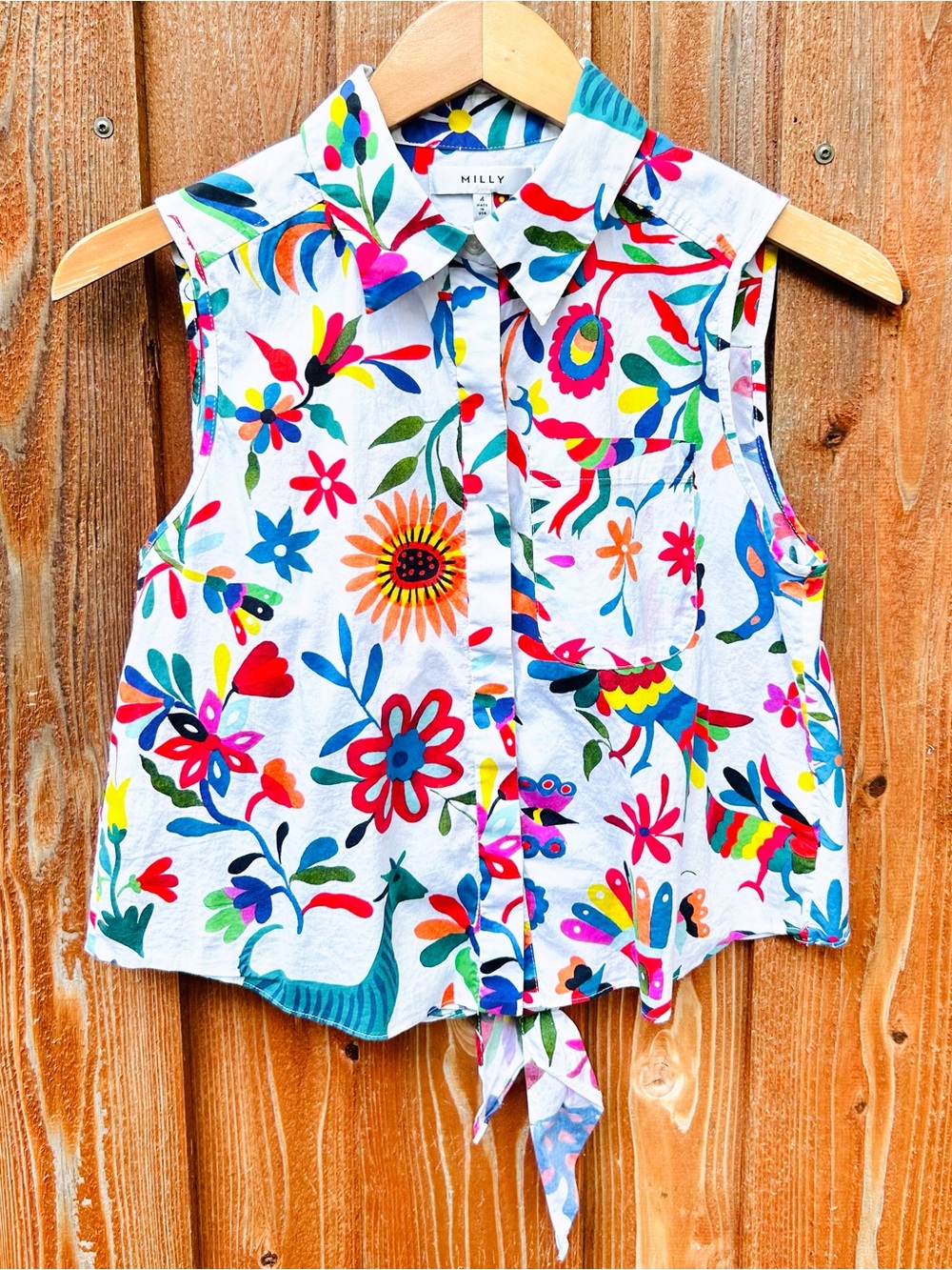 MILLY Folk Art Print Floral Birds Tie Back Sleeveless Top Resortwear Boho Size 4